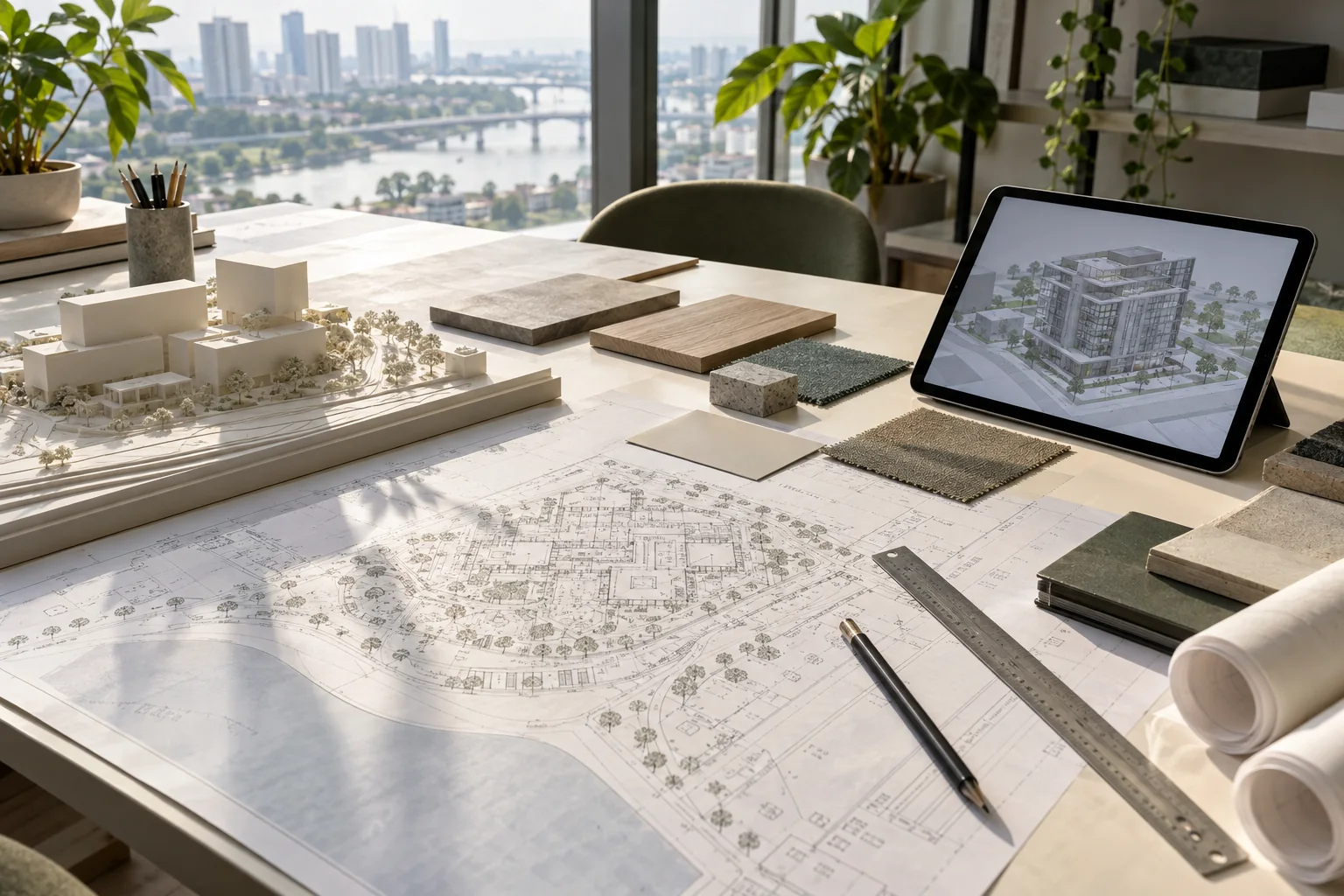 Mô hình kiến trúc, bản vẽ dự án và mẫu vật liệu