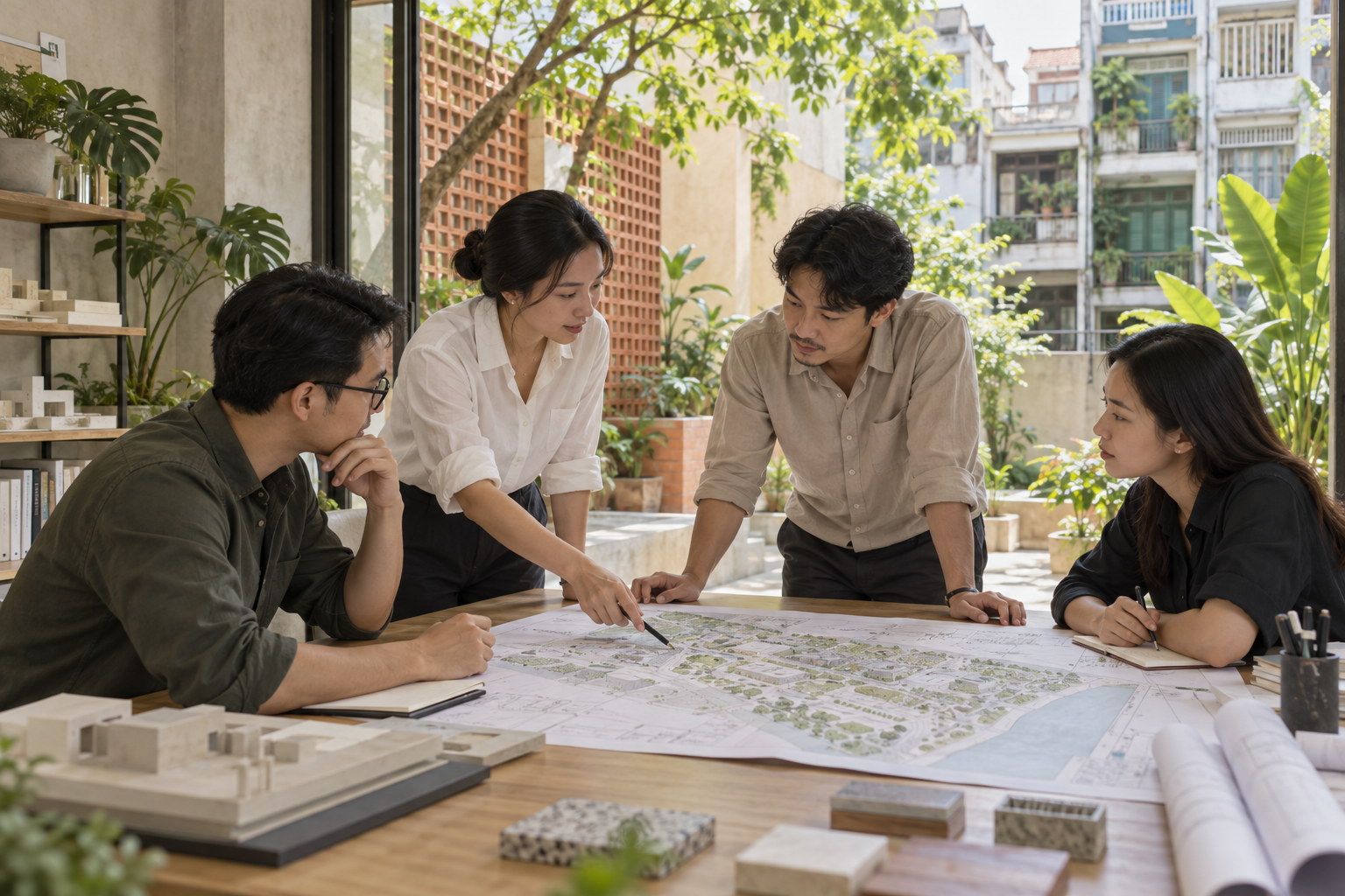 Minh họa nhóm thảo luận bản vẽ trong không gian làm việc có sân vườn tại Việt Nam